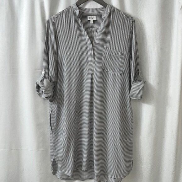 DKNY Gray & White Striped Lightweight Tunic Roll-Tab Sleeves - Picture 7 of 13